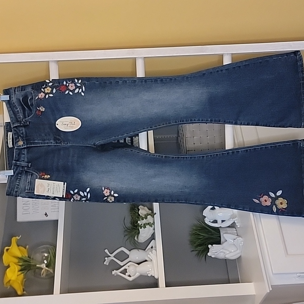 Embroidered Blue Floral Bootcut Jeans Stretch High Rise